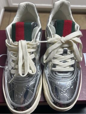 Gucci Silver Metallic Sneakers with Red & Green Stripe